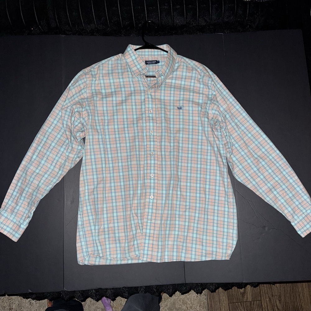 Men's Large Southern Marsh Blue Orange White Plaid Long Sleeve Button-Down Shirt